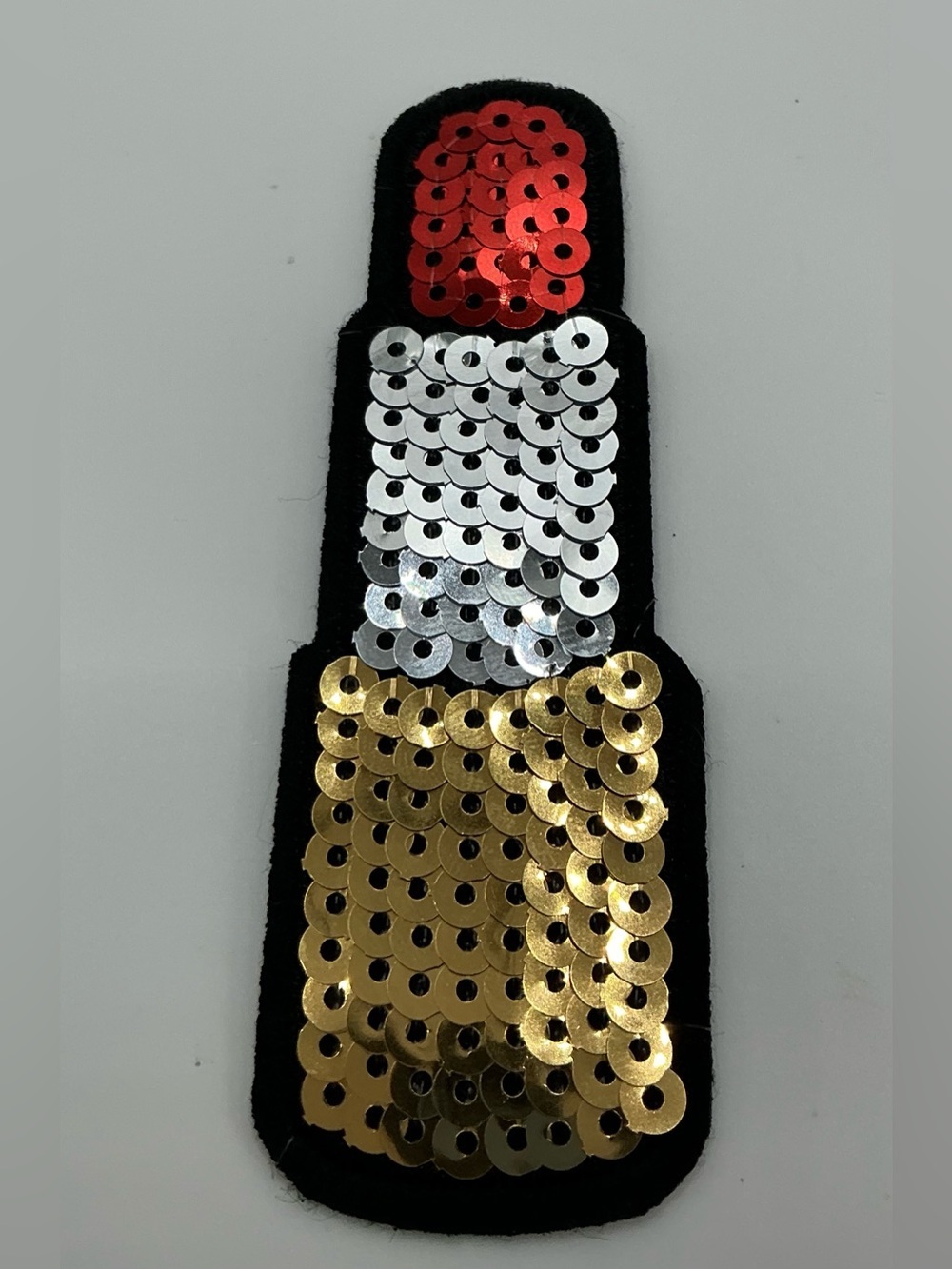 IRON OR SEW ON GOLD SILVER AND RED SEQUIN LIPSTICK PATCH